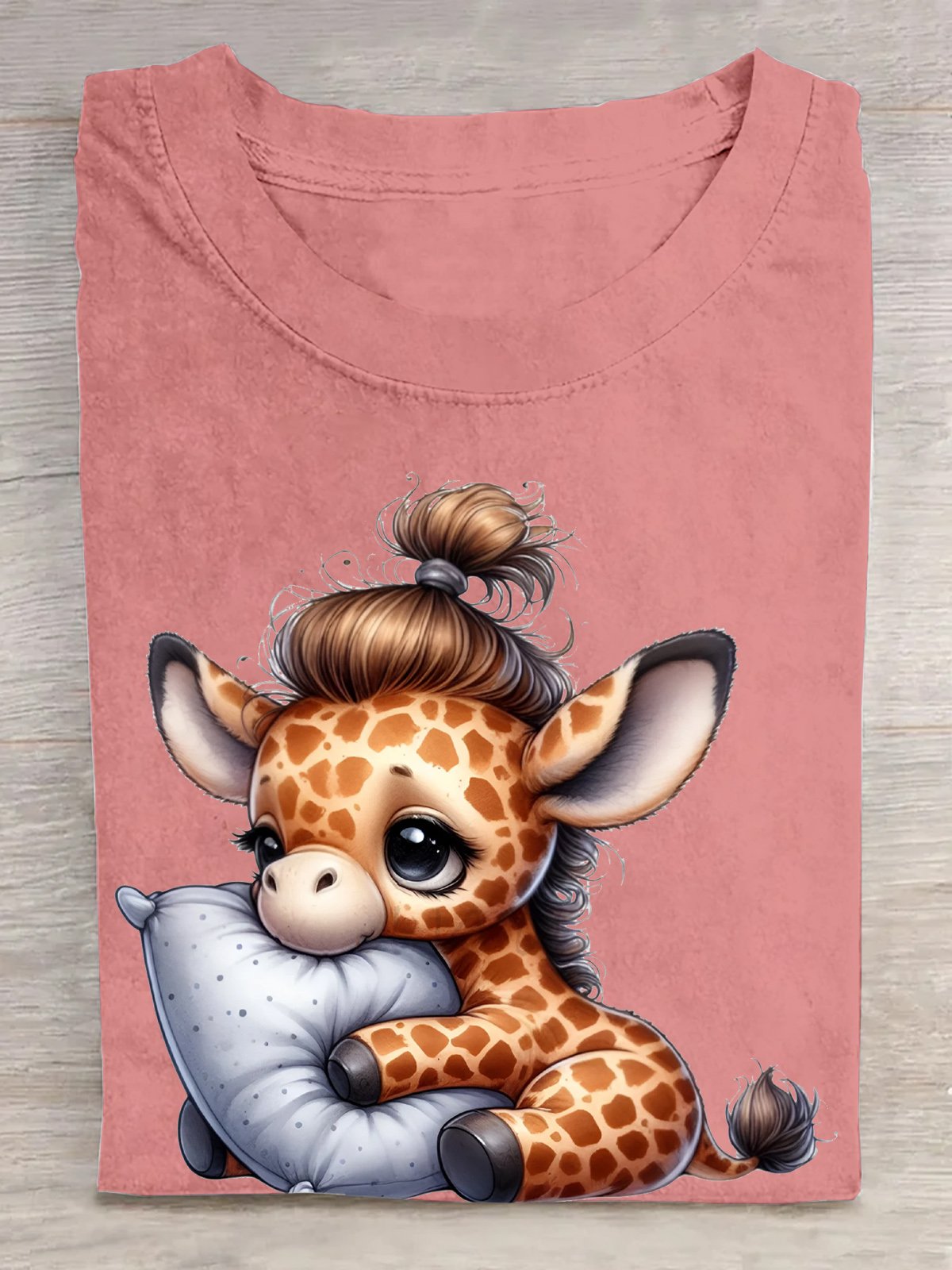 Baumwolle Süß Giraffe Schlafen auf Kissen T-Shirt