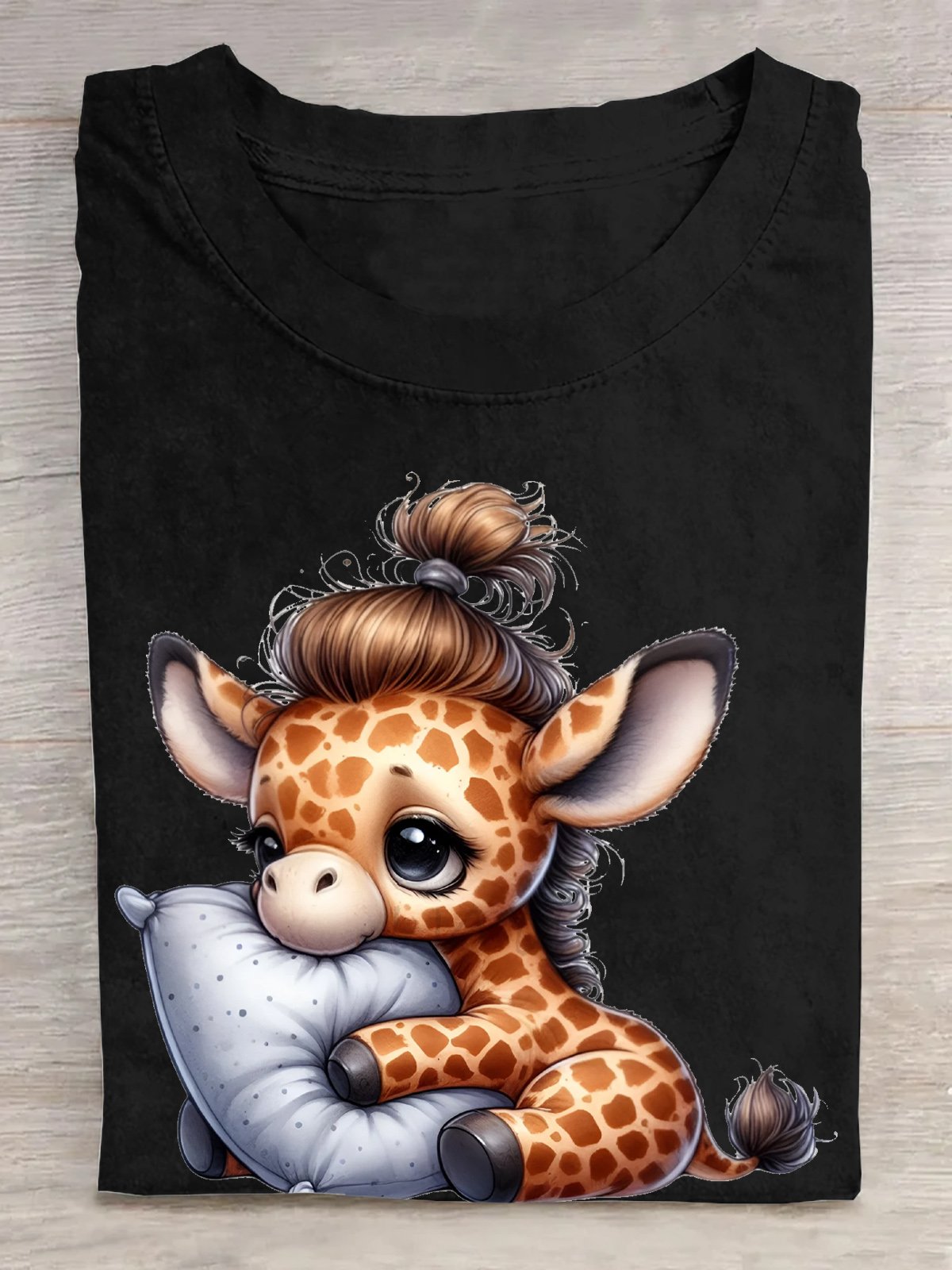 Baumwolle Süß Giraffe Schlafen auf Kissen T-Shirt