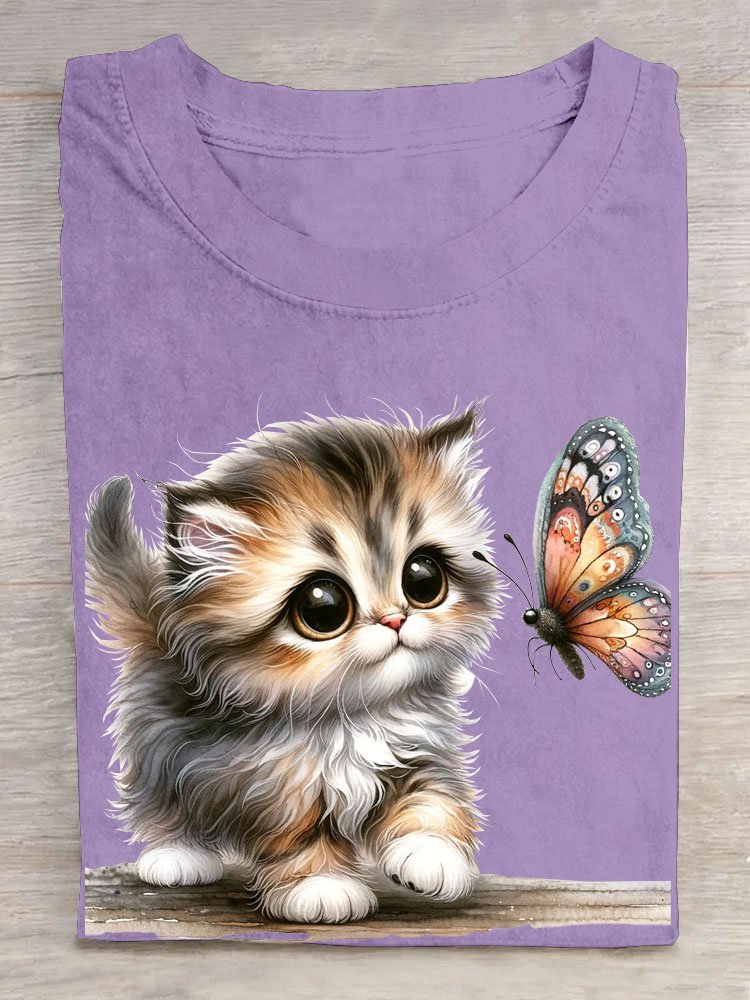 Katze und Schmetterling Print Rundhals T-Shirt