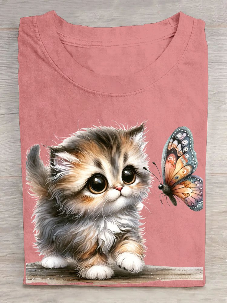 Katze und Schmetterling Print Rundhals T-Shirt