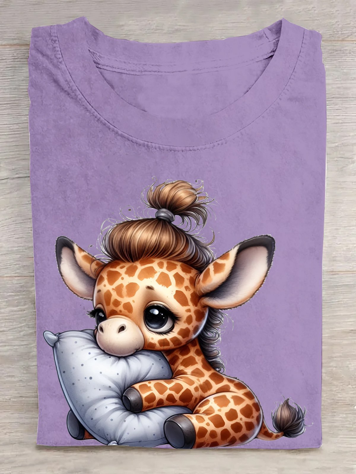 Baumwolle Süß Giraffe Schlafen auf Kissen T-Shirt