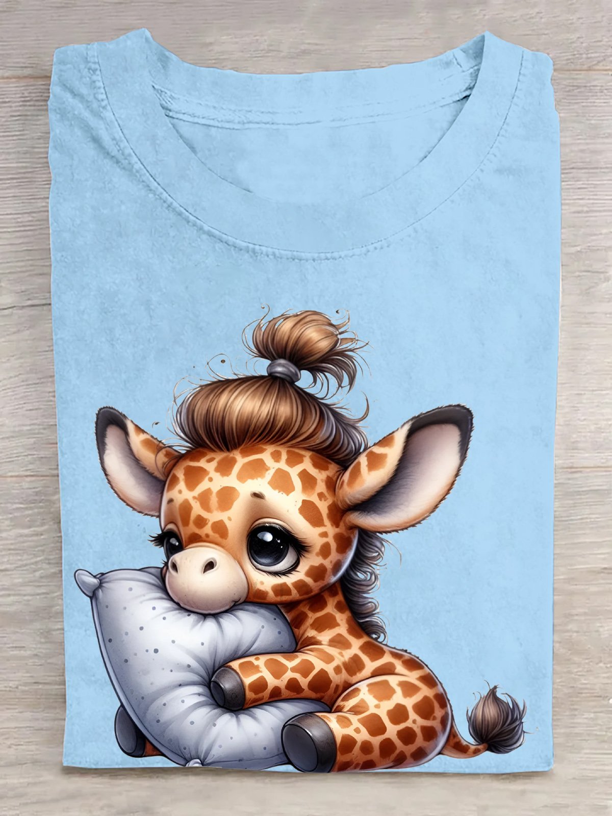 Baumwolle Süß Giraffe Schlafen auf Kissen T-Shirt