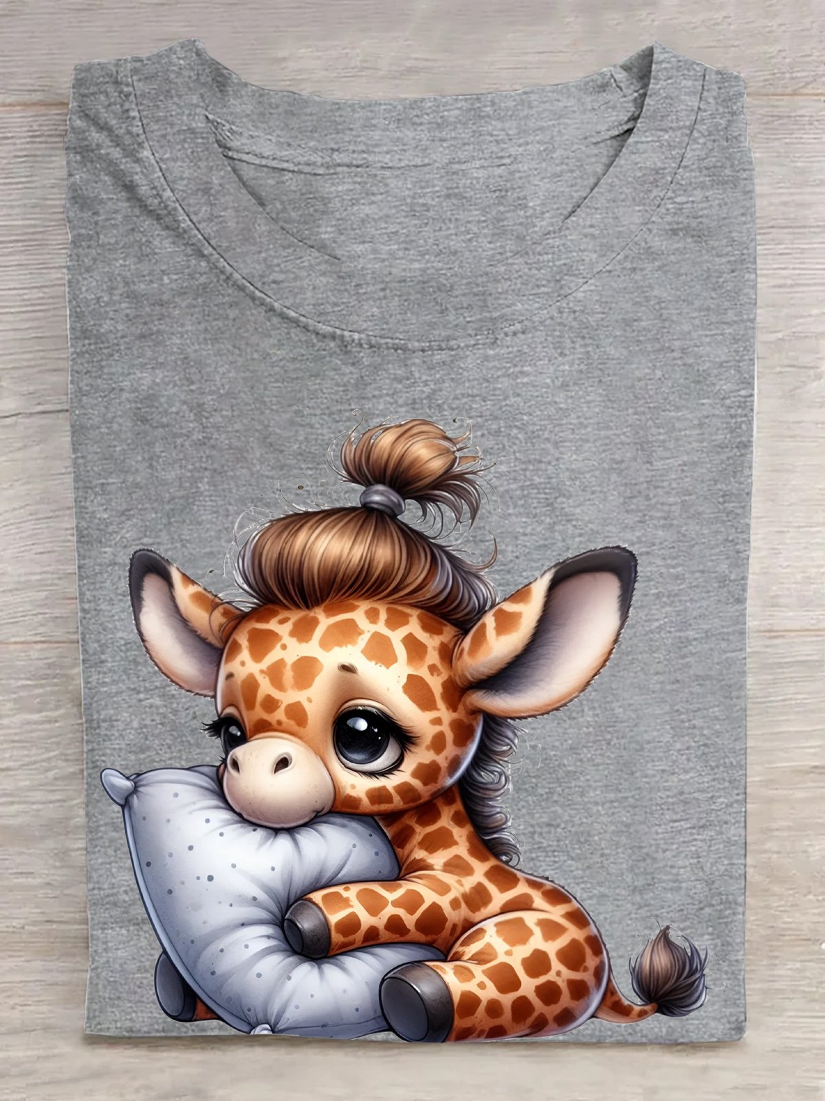 Baumwolle Süß Giraffe Schlafen auf Kissen T-Shirt