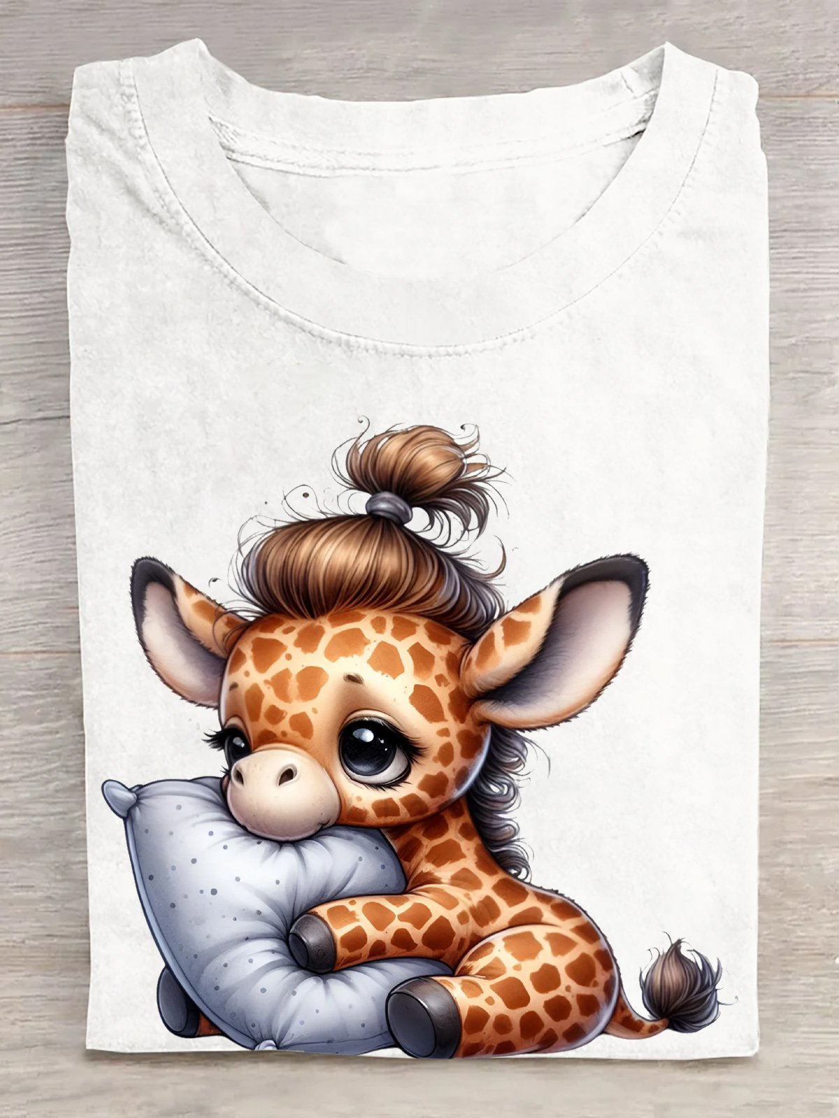 Baumwolle Süß Giraffe Schlafen auf Kissen T-Shirt