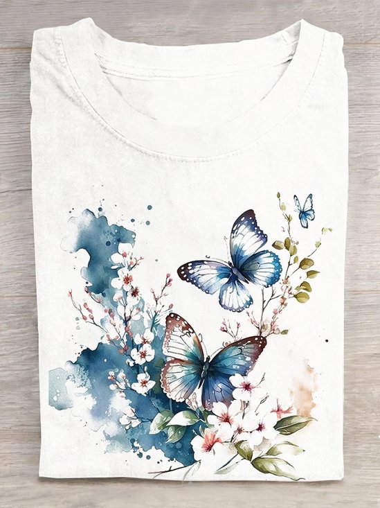Lässig Baumwolle Geblümt T-Shirt