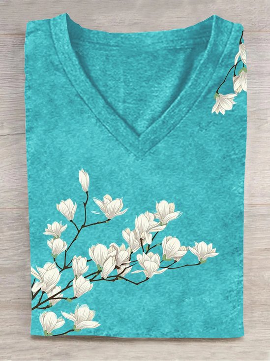 Lässig Geblümt Blumen V-Ausschnitt T-Shirt