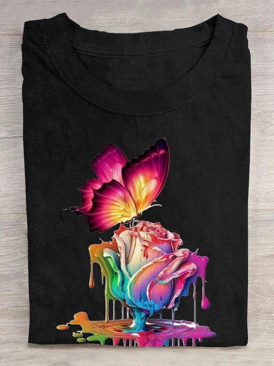 Lässig Baumwolle Schmetterling Geblümt Weit T-Shirt