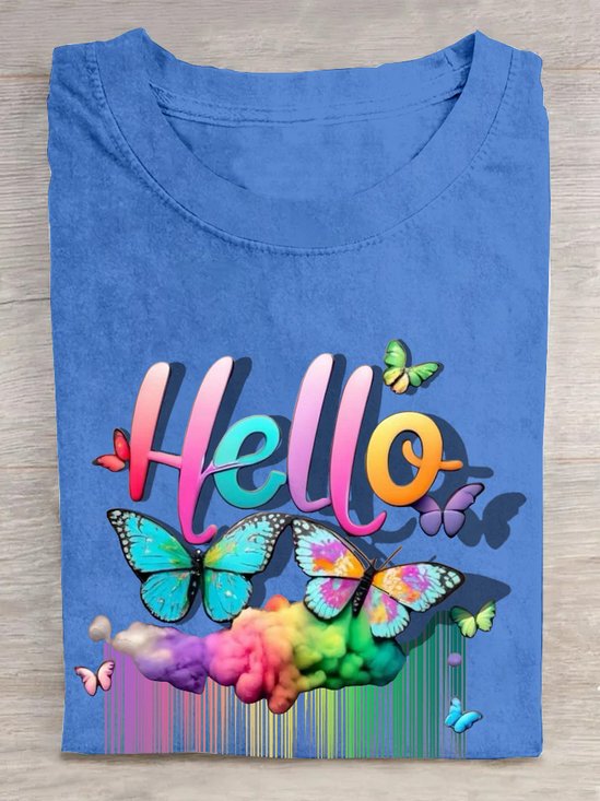 Baumwolle Lässig Schmetterling Regenbogen  T-Shirt