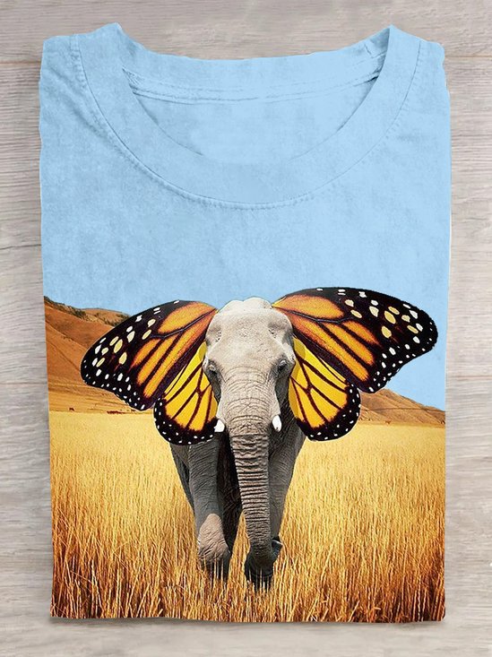 Lässig Baumwolle Rundhals Elefant Landschaftsdruck T-Shirt