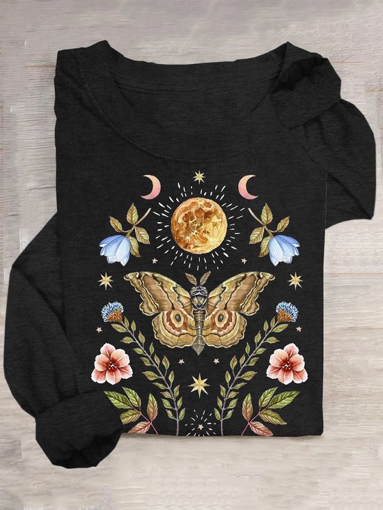 Weit Lässig Geblümt Schmetterling Baumwollmischung T-Shirt