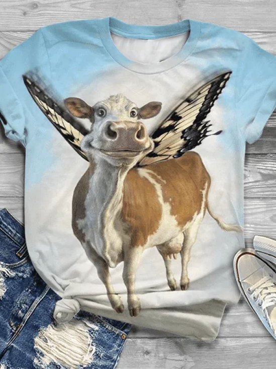 Kuh und Schmetterling Print Rundhals Kurz Ärmeln Lässig T-Shirt