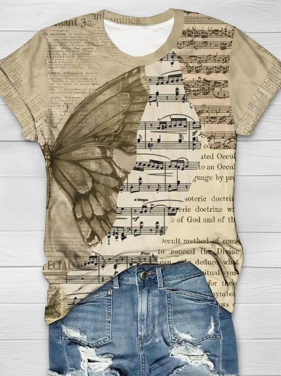 Textbriefe Musical Achtung Schmetterling Print, Rundhals Kurz Ärmeln Lässig T-Shirt