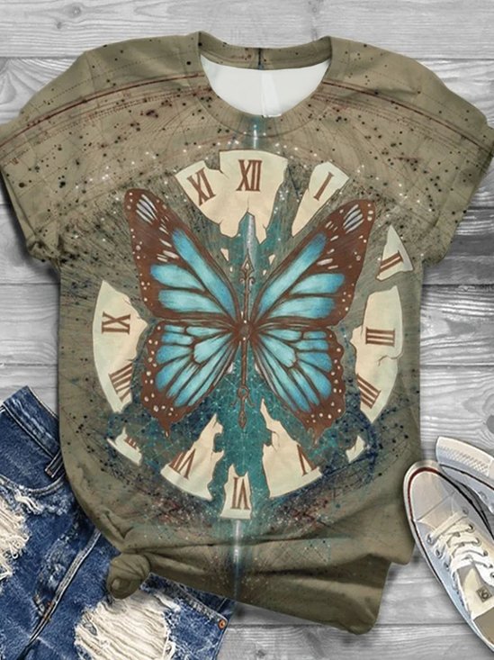 Schmetterling Print Rundhals Kurz Ärmeln Lässig T-Shirt