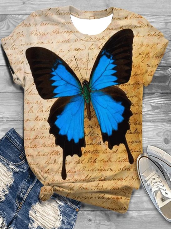 Schmetterling Print Rundhals Kurz Ärmeln T-Shirt