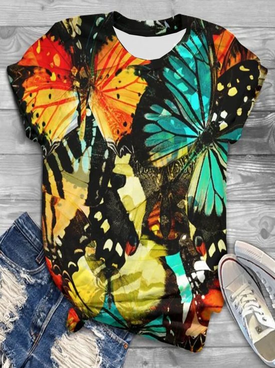 Schmetterling Print Rundhals Kurz Ärmeln T-Shirt