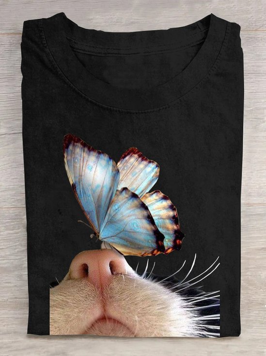 Katze Baumwolle Lässig Rundhals T-Shirt