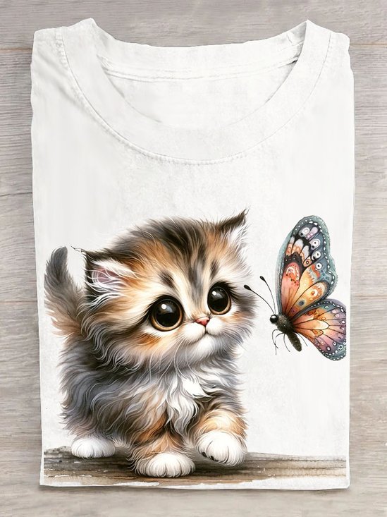 Katze und Schmetterling Print Rundhals T-Shirt