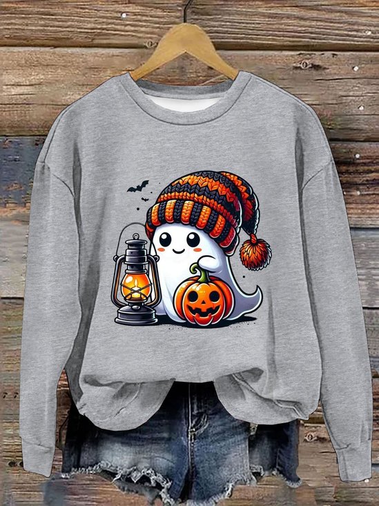 Halloween Kürbis Geist Print Damen Lässig Langarm Rundhals Sport Bluse
