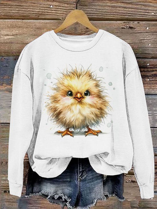 Lustig Hähnchen Print Damen Lässig Langarm Rundhals Pullover Sweatshirt