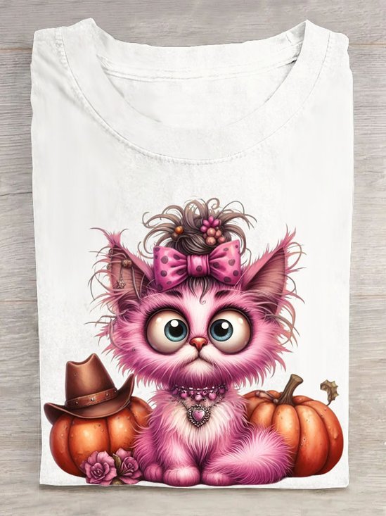 pinke Katze Halloween Kürbis Lässig Rundhals Damen T-Shirt