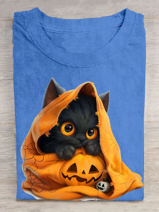 Lustig Katze Halloween Print Lässig Rundhals Damen T-Shirt