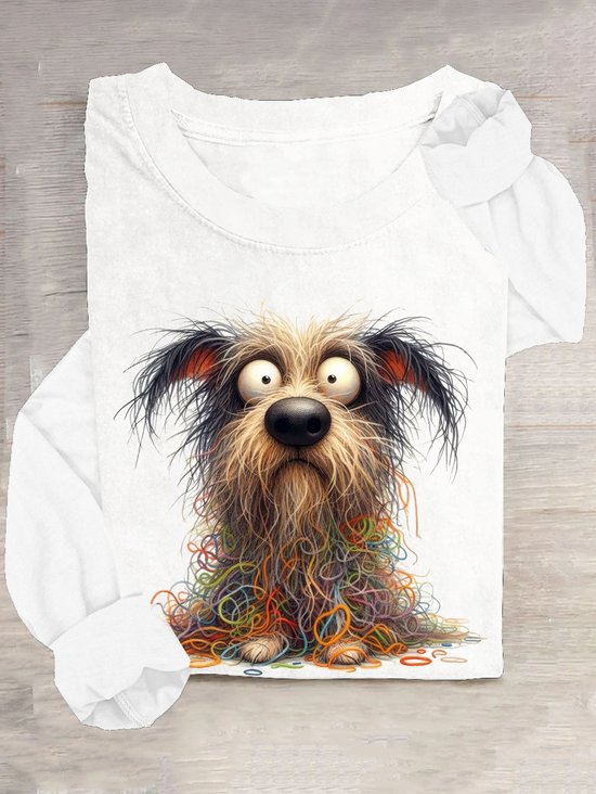 Lustig Hund Print Lässig Rundhals Langarm Damen T-Shirt