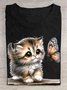 Katze und Schmetterling Print Rundhals T-Shirt