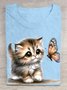 Katze und Schmetterling Print Rundhals T-Shirt