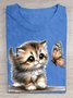 Katze und Schmetterling Print Rundhals T-Shirt