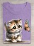 Katze und Schmetterling Print Rundhals T-Shirt