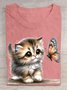 Katze und Schmetterling Print Rundhals T-Shirt