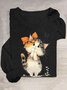 Weit Lässig Katze Baumwollmischung T-Shirt