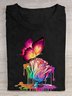 Lässig Baumwolle Schmetterling Geblümt Weit T-Shirt