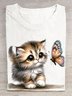 Katze und Schmetterling Print Rundhals T-Shirt
